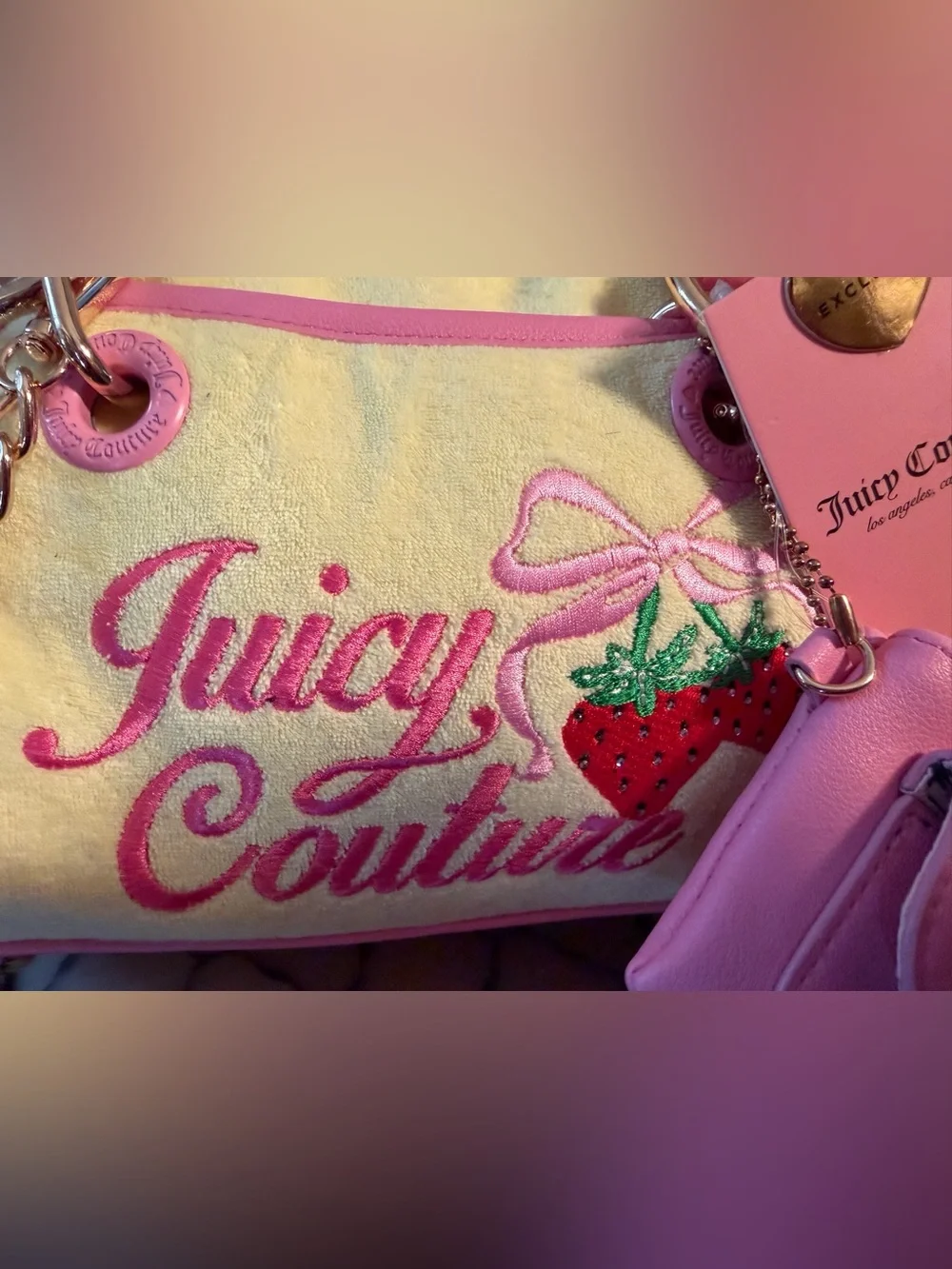 Juicy Couture NWT Classic Juicy Yellow & Pink Satchel with Pink Logo (P250)